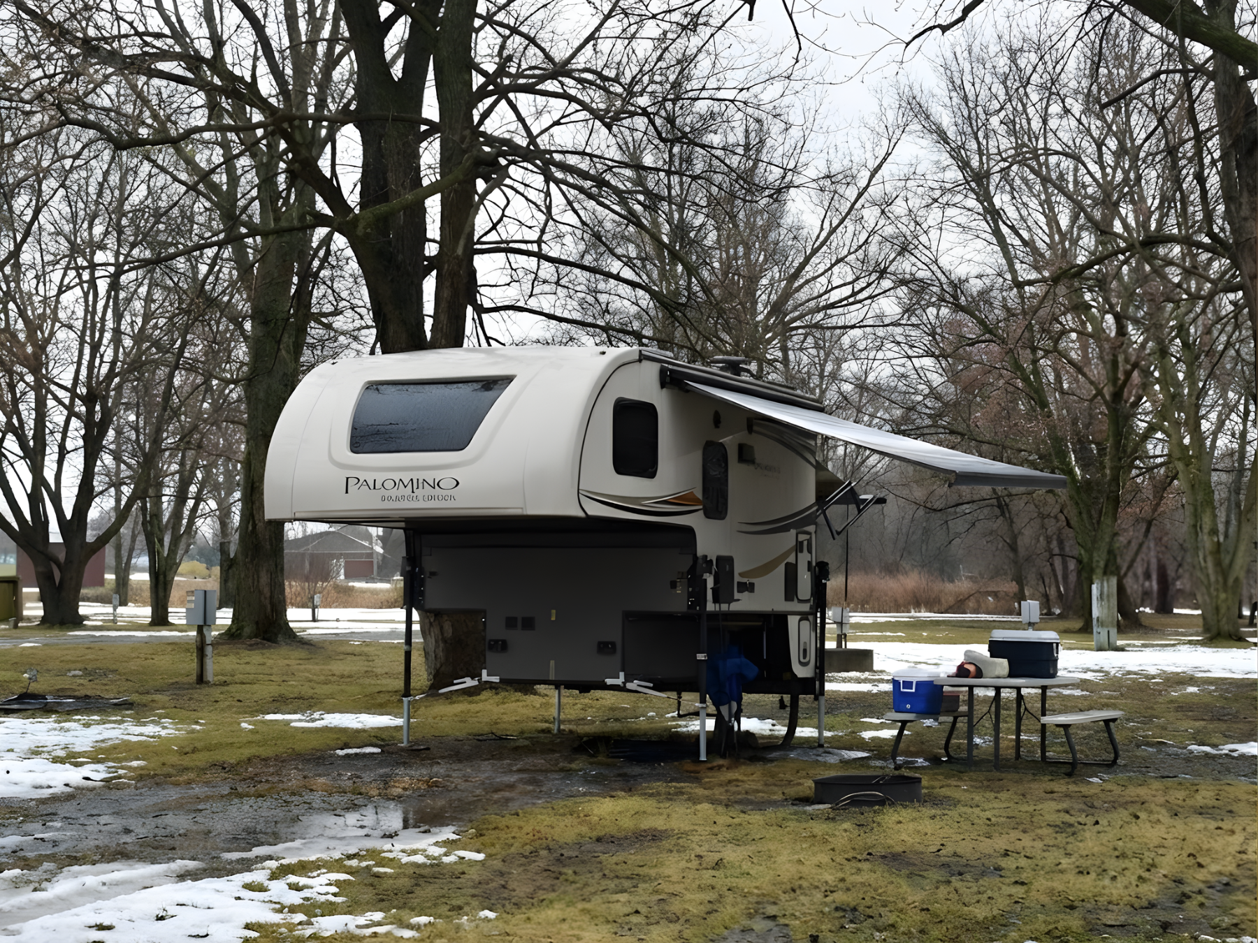Late winter lakeside scenery at Lake Champlain, NY with a camper trailer set up among trees in a quiet campground.