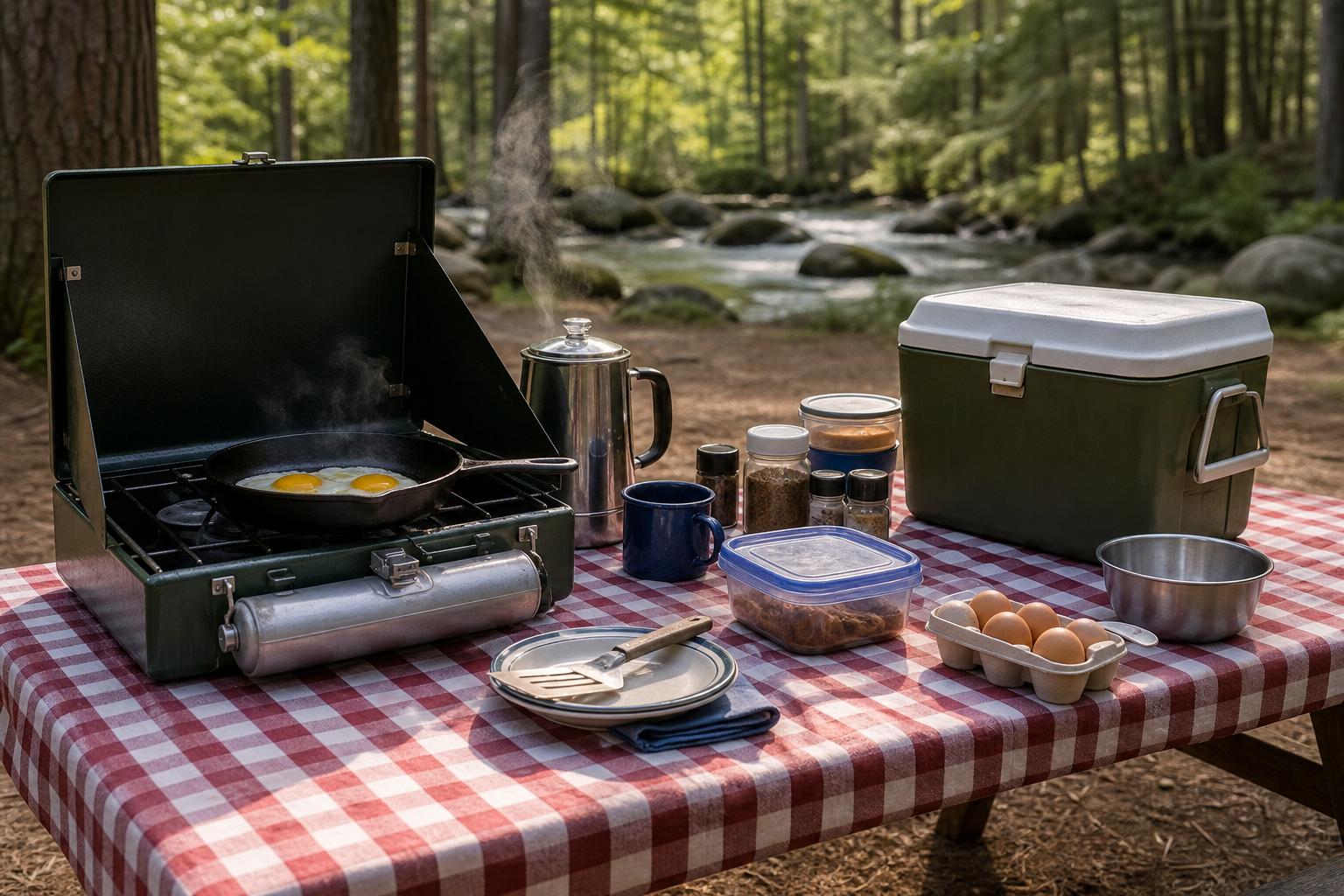 Portable camp stove cooking eggs on a picnic table with a cooler, coffee percolator, and camping cookware by a stream.