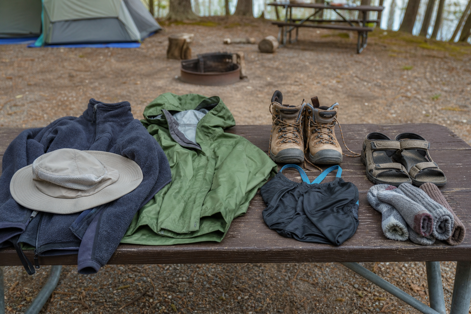 Hiking boots, sandals, fleece, rain jacket, sun hat, and wool socks arranged on a campsite picnic table.