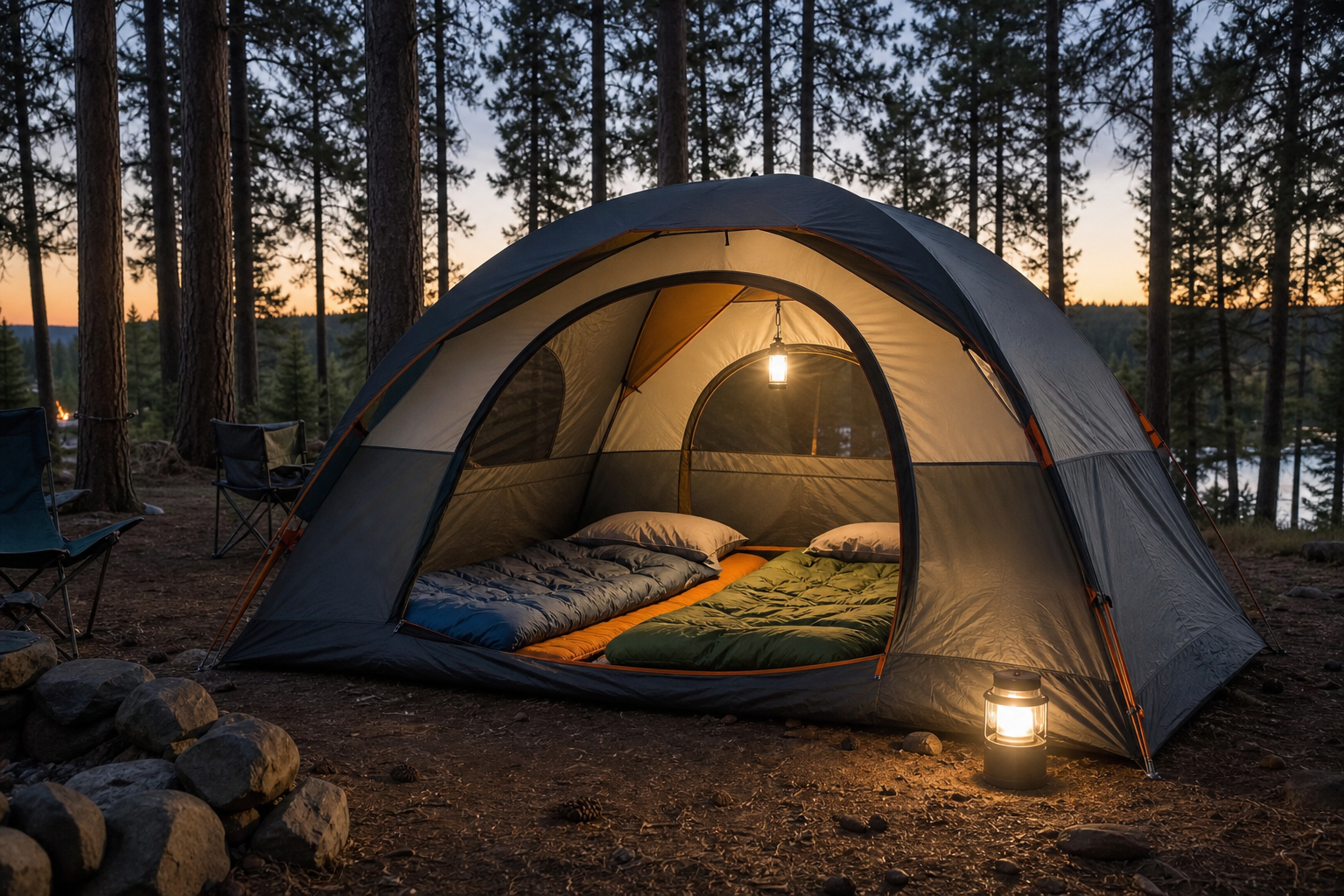 Dome camping tent with sleeping bags and lanterns at a forest campsite by a lake at sunset