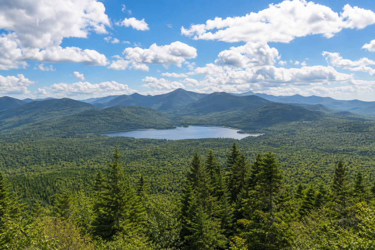 Adirondack Mountains summer landscape with a forest-ringed lake and rolling peaks under blue skies.