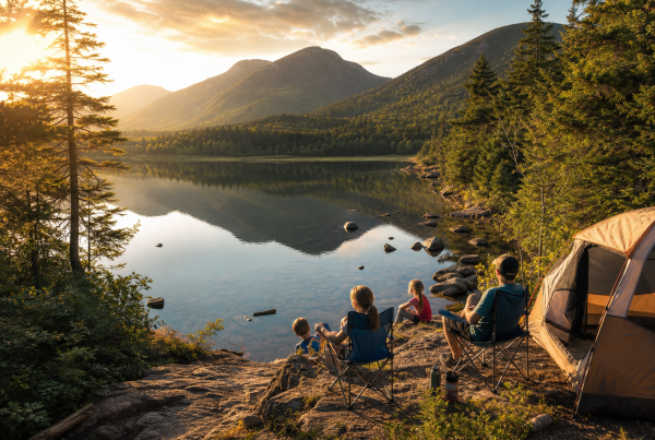 Family relaxing at a lakeside campsite with tent and camp chairs at sunset in the mountains.