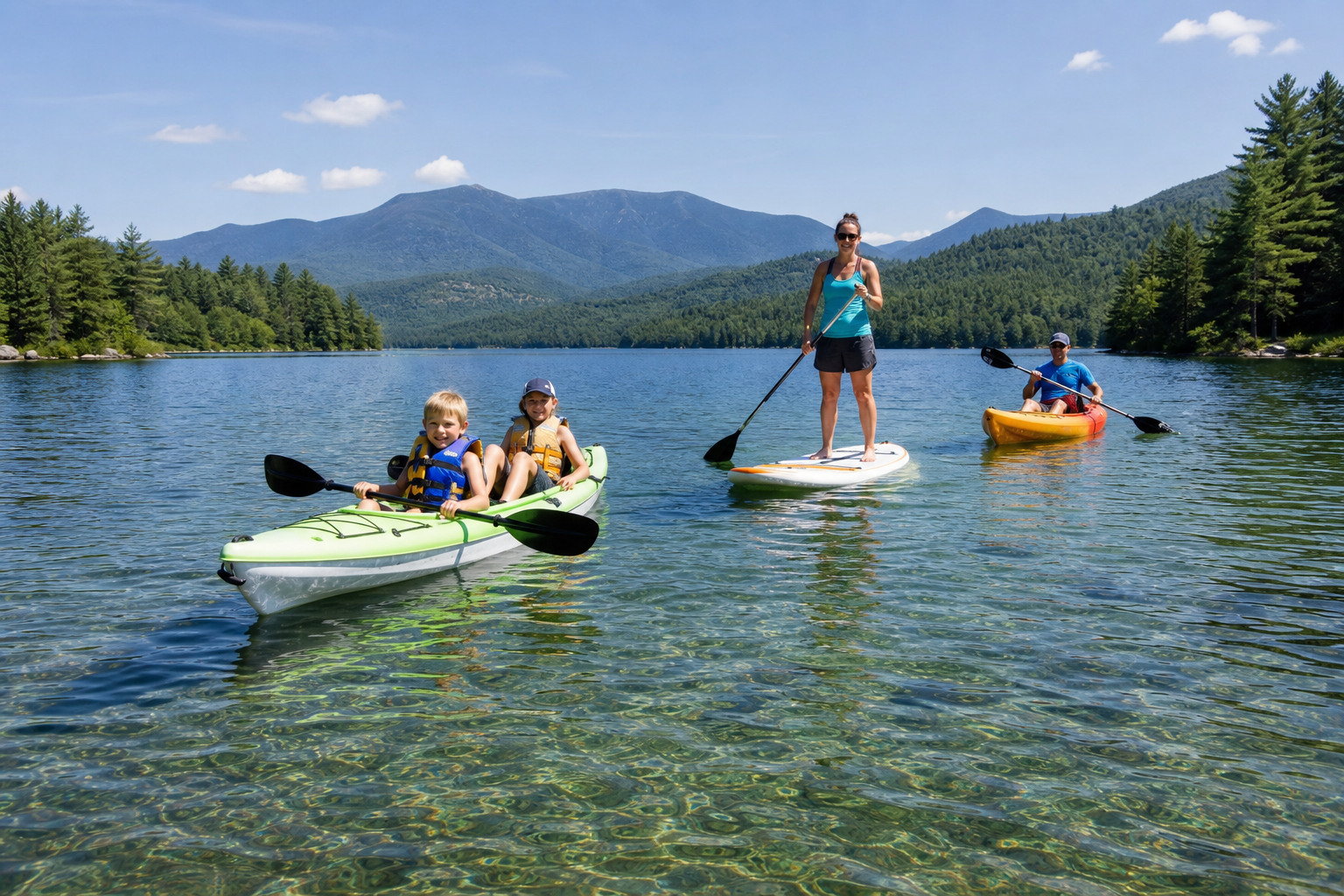 Family kayaking and paddleboarding on a clear mountain lake with kids wearing life jackets.