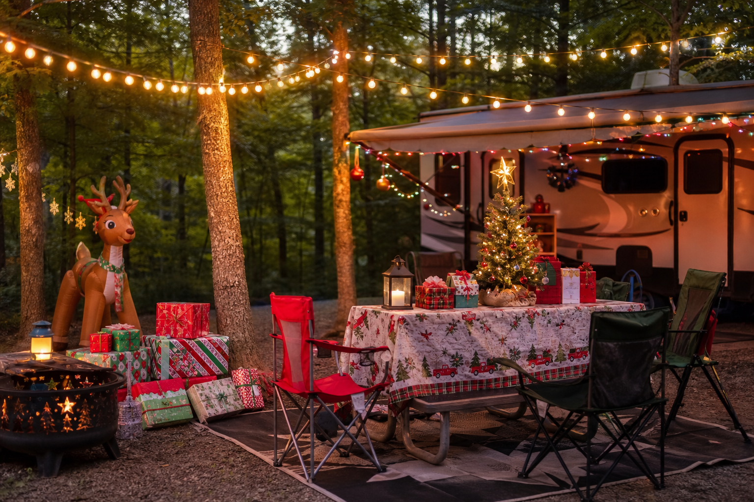 Festive RV campsite with Christmas lights, mini tree, presents, and inflatable reindeer at dusk.