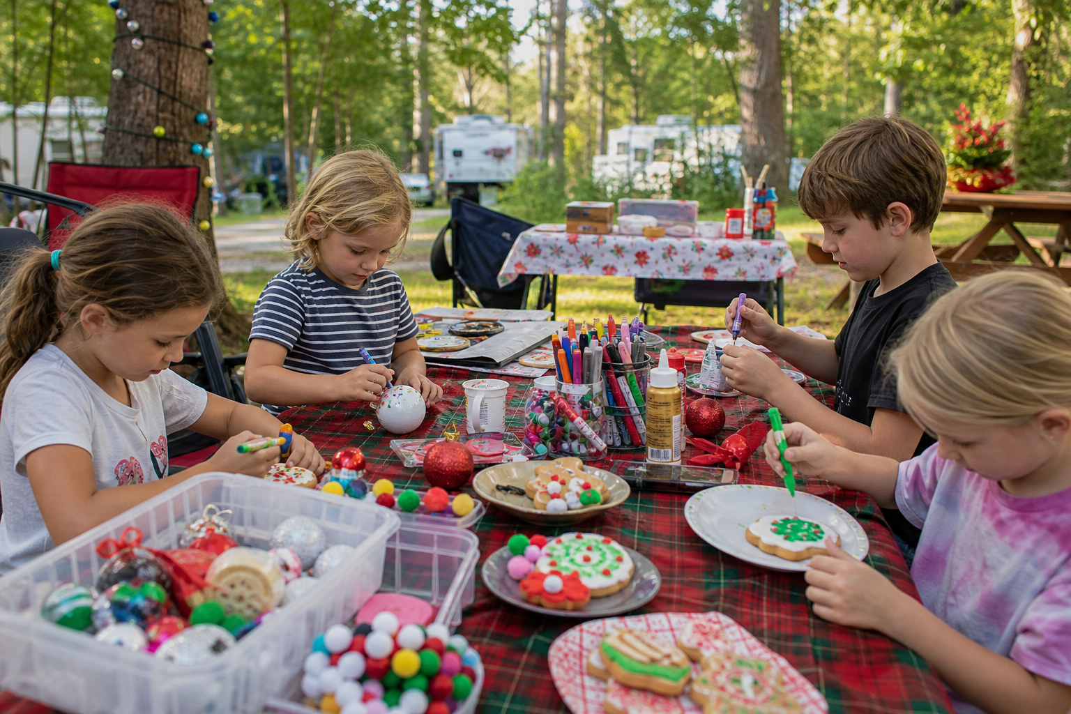 Children decorating ornaments and cookies at a Christmas in July campground craft table.