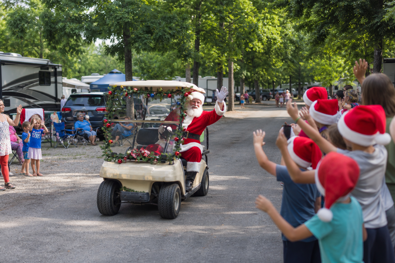 Santa riding a decorated golf cart through a campground parade as kids in Santa hats wave.