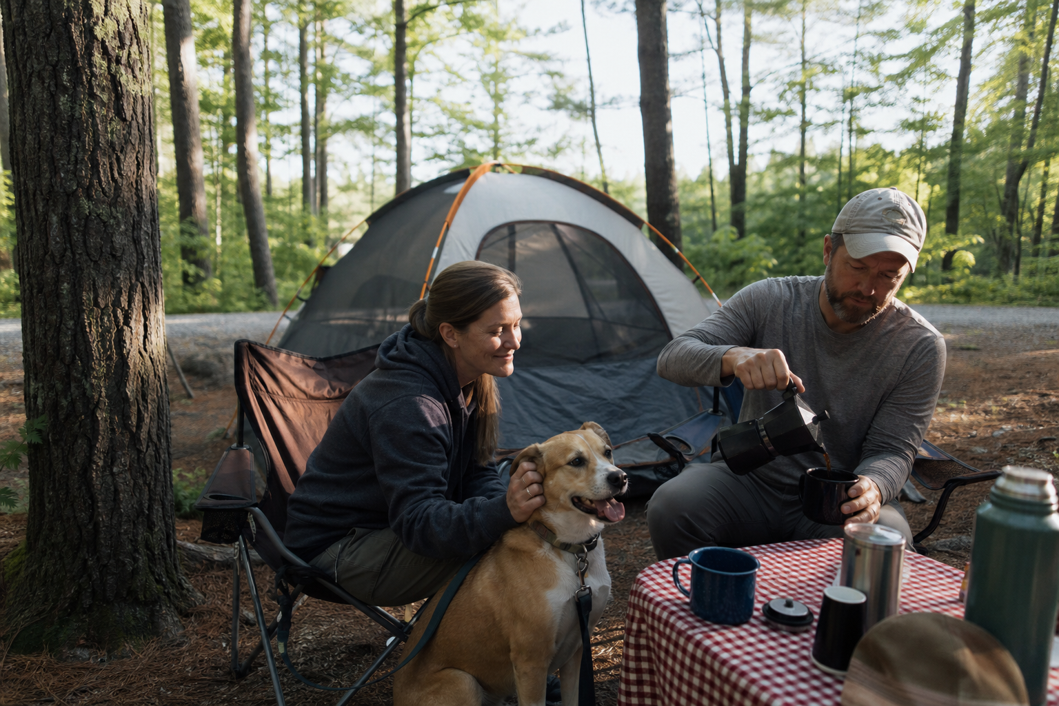 Couple enjoying coffee at a forest campsite with their happy dog beside the tent.
