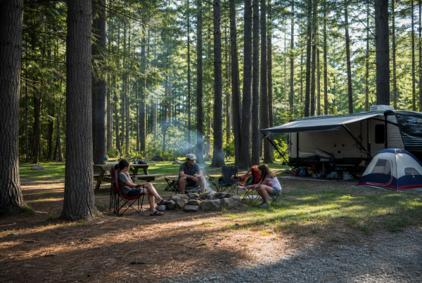 Family sitting around a fire pit at a shaded pine forest campsite with an RV and tent behind them.