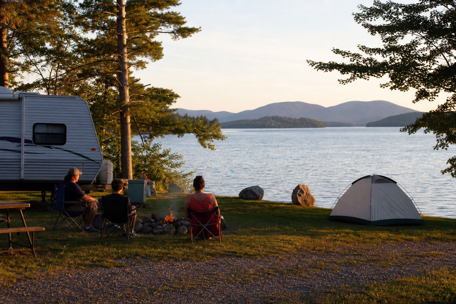 Campers relaxing around a fire at a lakefront campsite at sunset, with an RV, tent, and mountain views across the water.