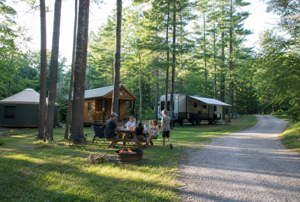 Family gathered at a picnic table among tall pines, with a yurt, cabin, and RV at their wooded campsite.