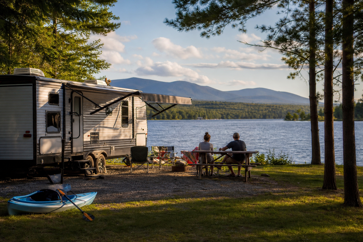 Couple sitting at a picnic table beside their RV at a lakefront campsite with a kayak and mountain views.