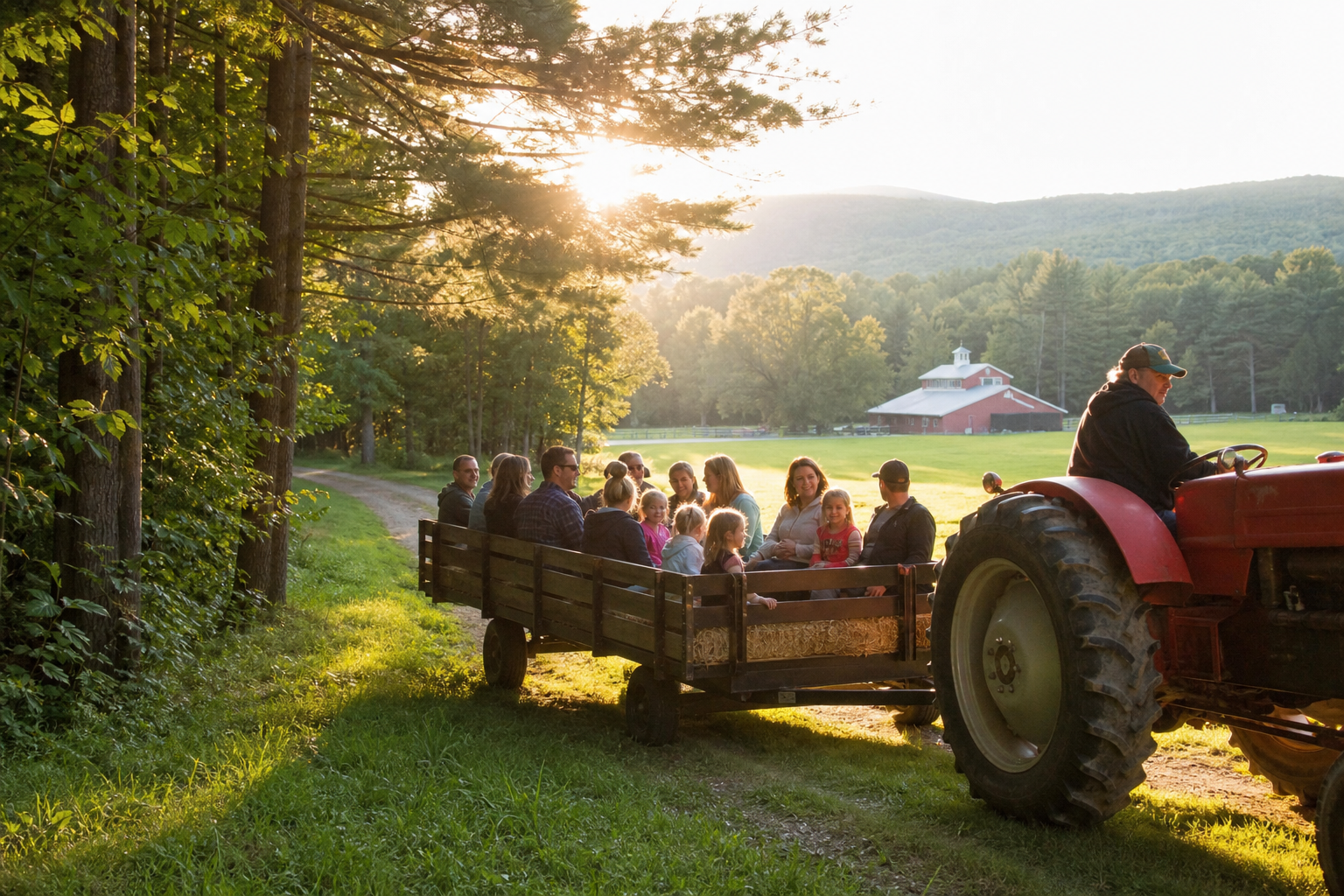 Families on a tractor-drawn hayride at a farm campground with a red barn and rolling hills in the background.