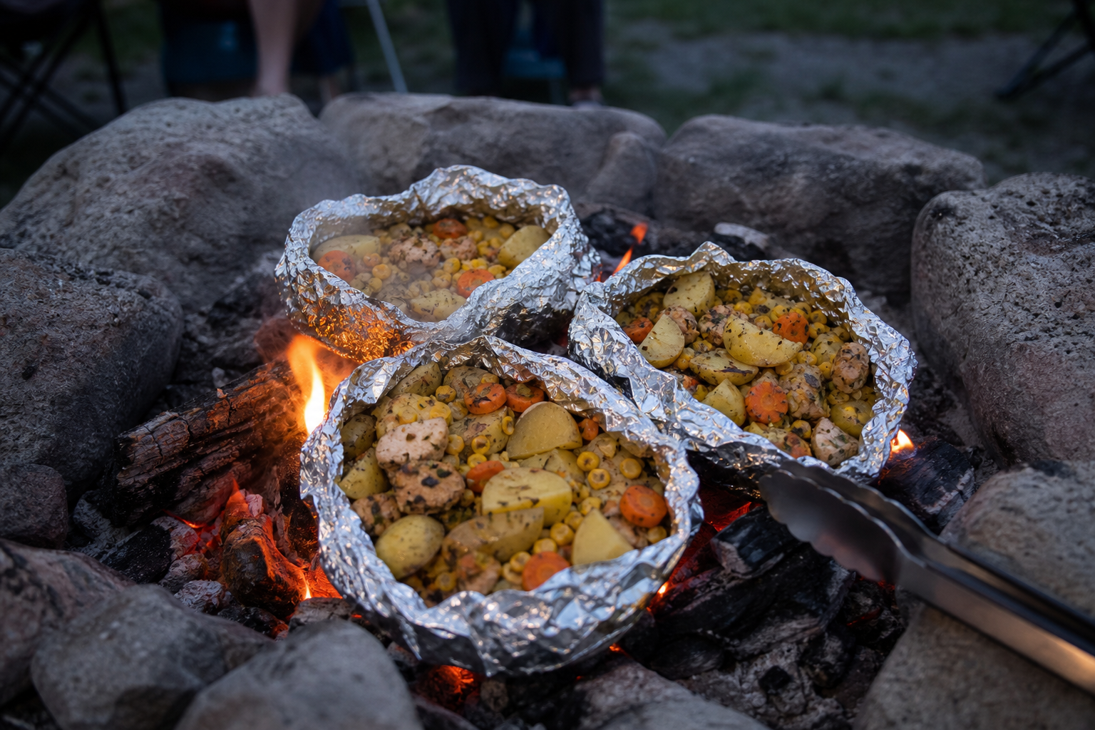 Foil packet meals with chicken, potatoes, and vegetables cooking over a campfire.