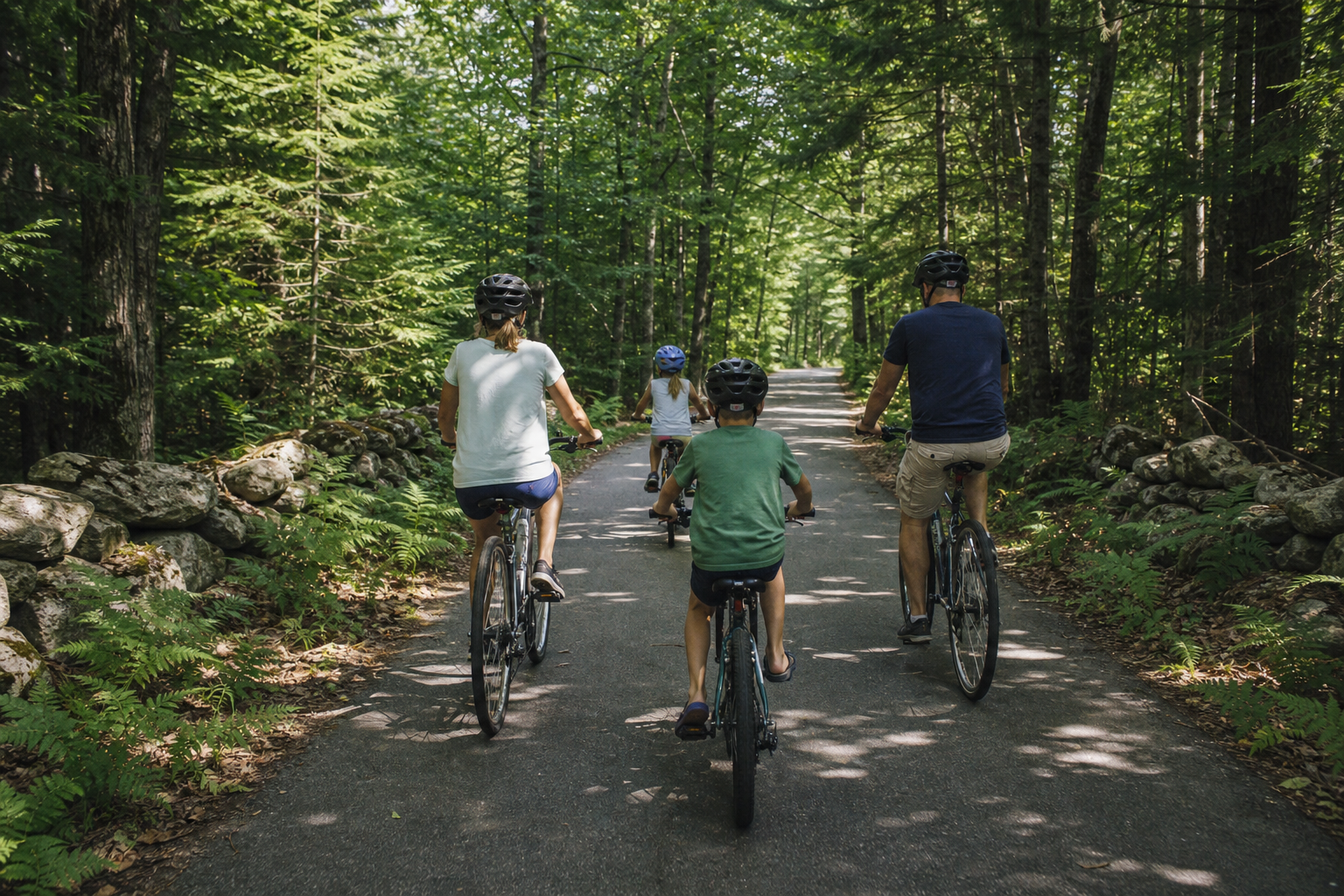 Family of four biking along a paved forest trail lined with stone walls and ferns.