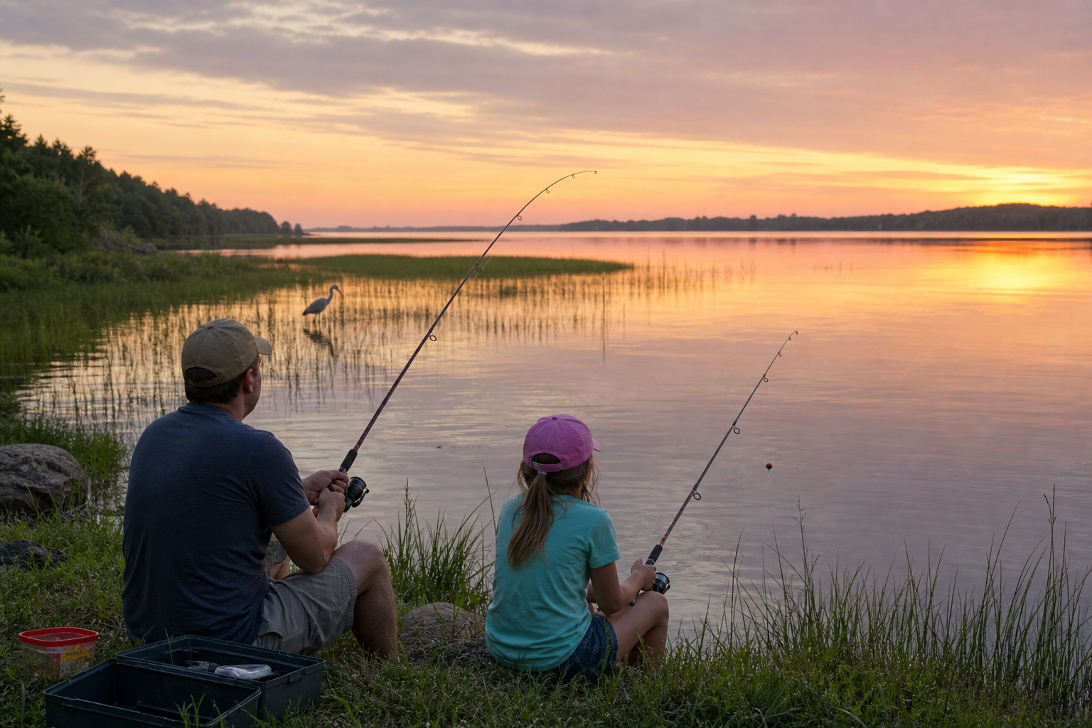 Father and daughter fishing from the grassy shore of Oneida Lake at sunset, with a heron wading in the shallows.