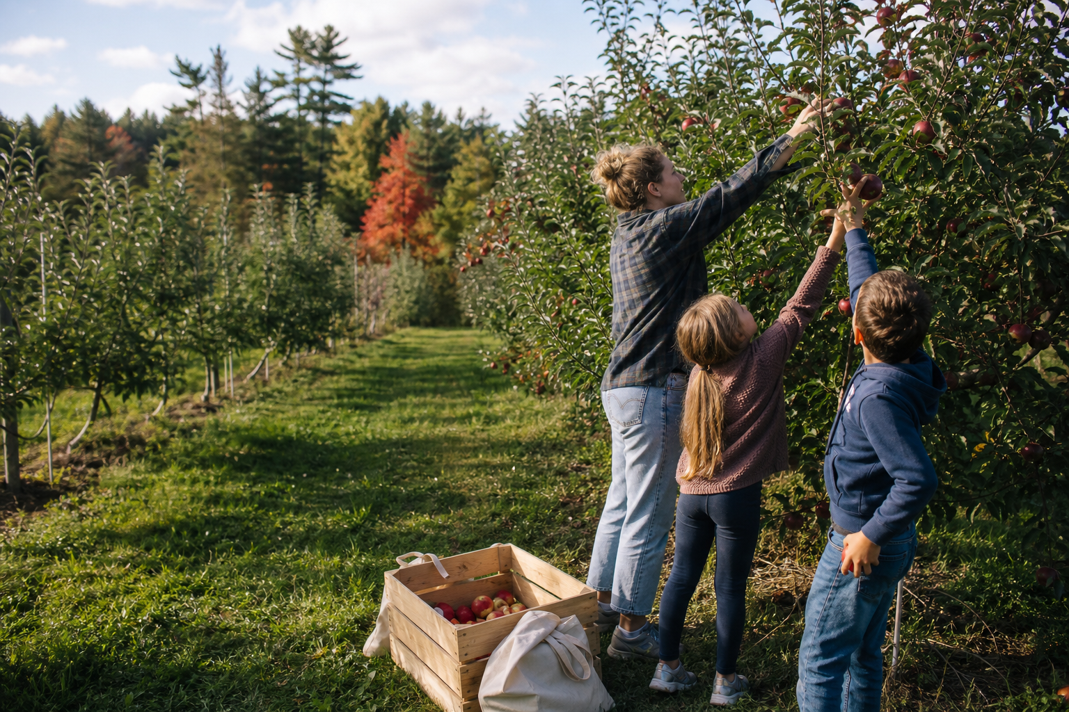 Mother and two children reaching up to pick apples in an orchard with a wooden crate of apples nearby.