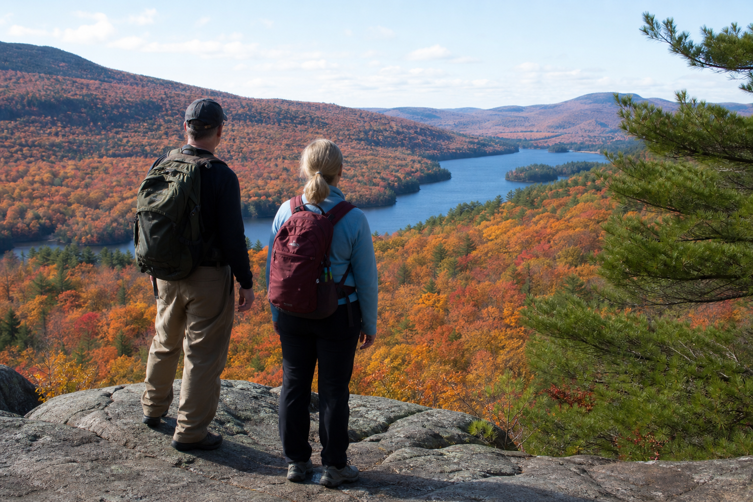 Two hikers overlooking a reservoir surrounded by vibrant fall foliage from a rocky summit.