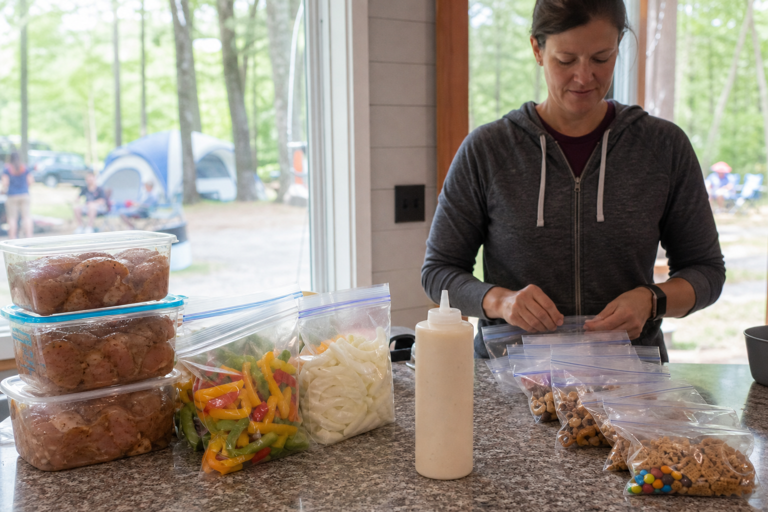 Woman prepping camping meals at home, portioning marinated chicken, sliced vegetables, and trail mix into containers and bags.