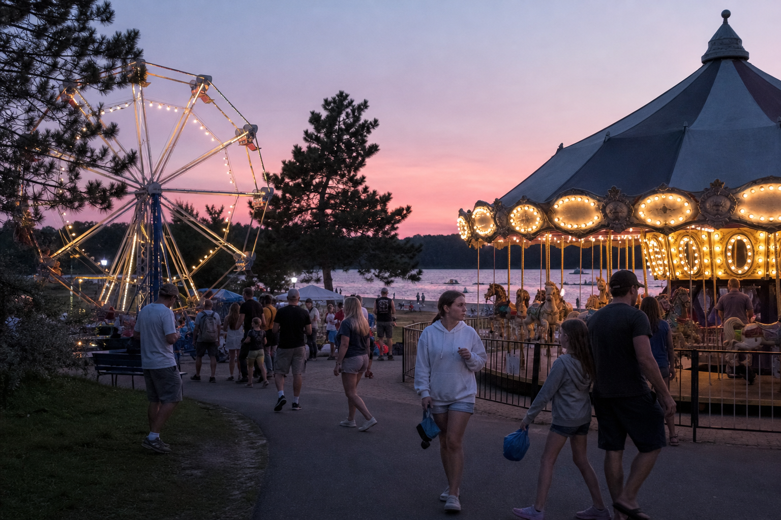 Families strolling past a lit Ferris wheel and carousel at a lakeside amusement park at dusk.