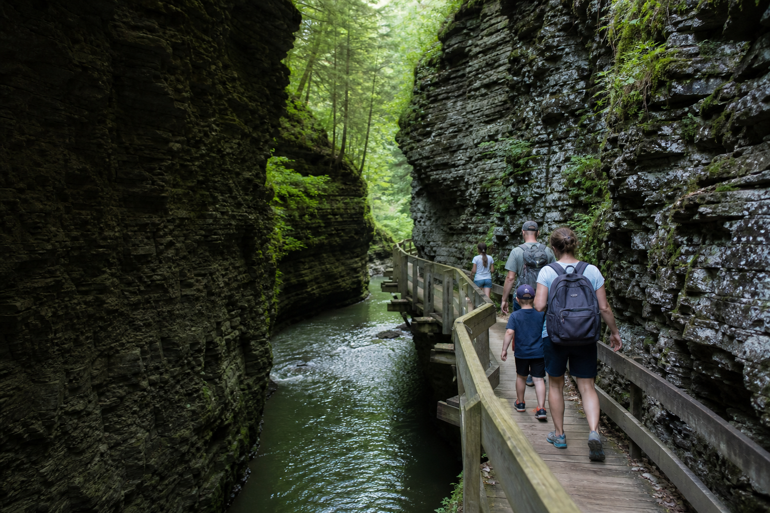 Family walking along a wooden boardwalk through a mossy river gorge.