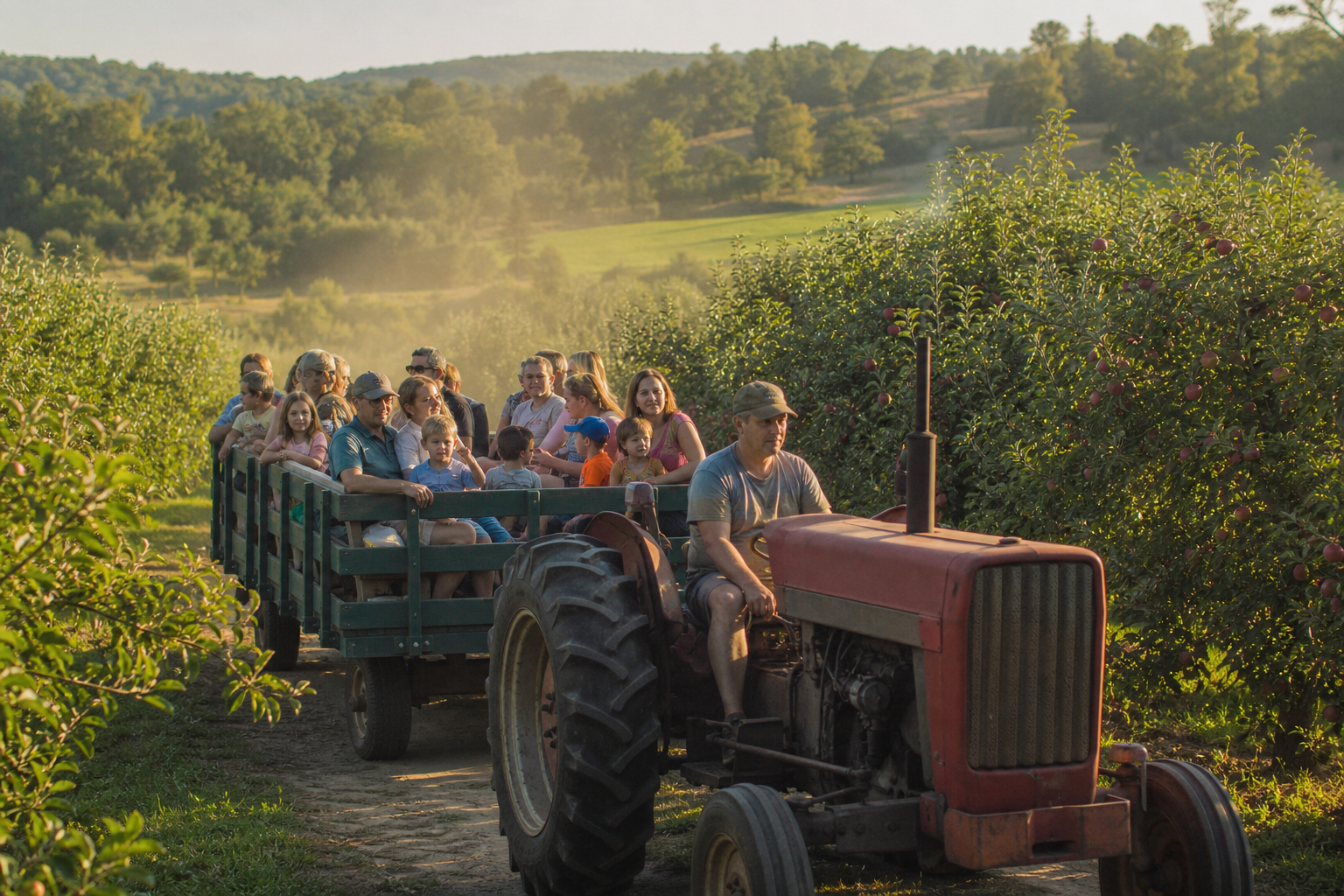 Families enjoying a tractor-pulled wagon ride through an apple orchard at golden hour.