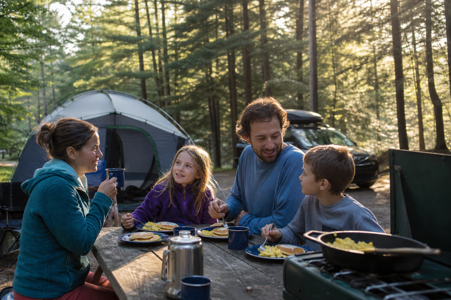 Family sharing a camp stove breakfast of pancakes and eggs at a wooded campsite.