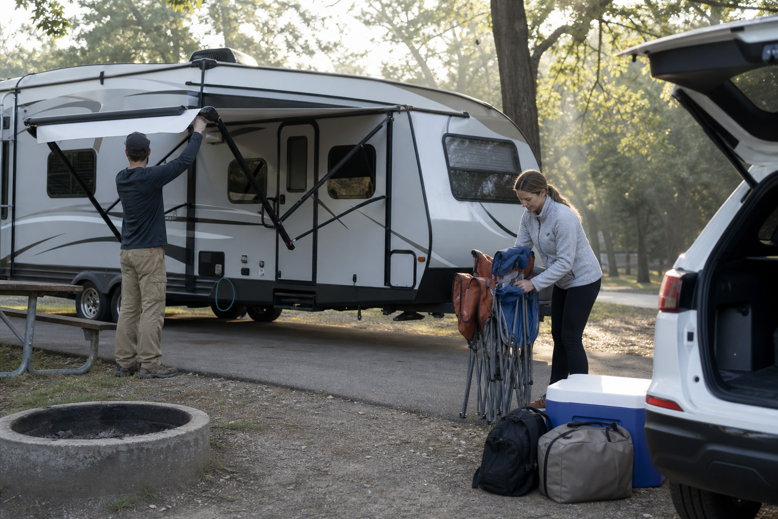 Couple packing up their campsite, with the man retracting the travel trailer awning while the woman folds camp chairs and loads gear.