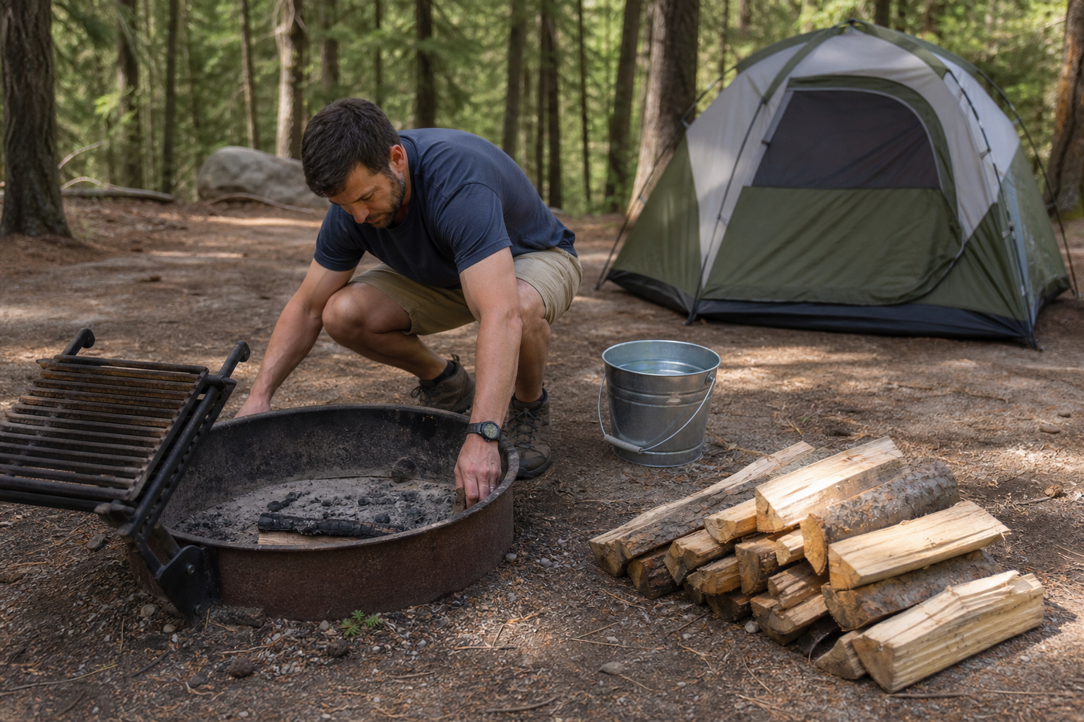 Man clearing out a metal fire ring at a forest campsite, with a water bucket, stacked firewood, and tent nearby.
