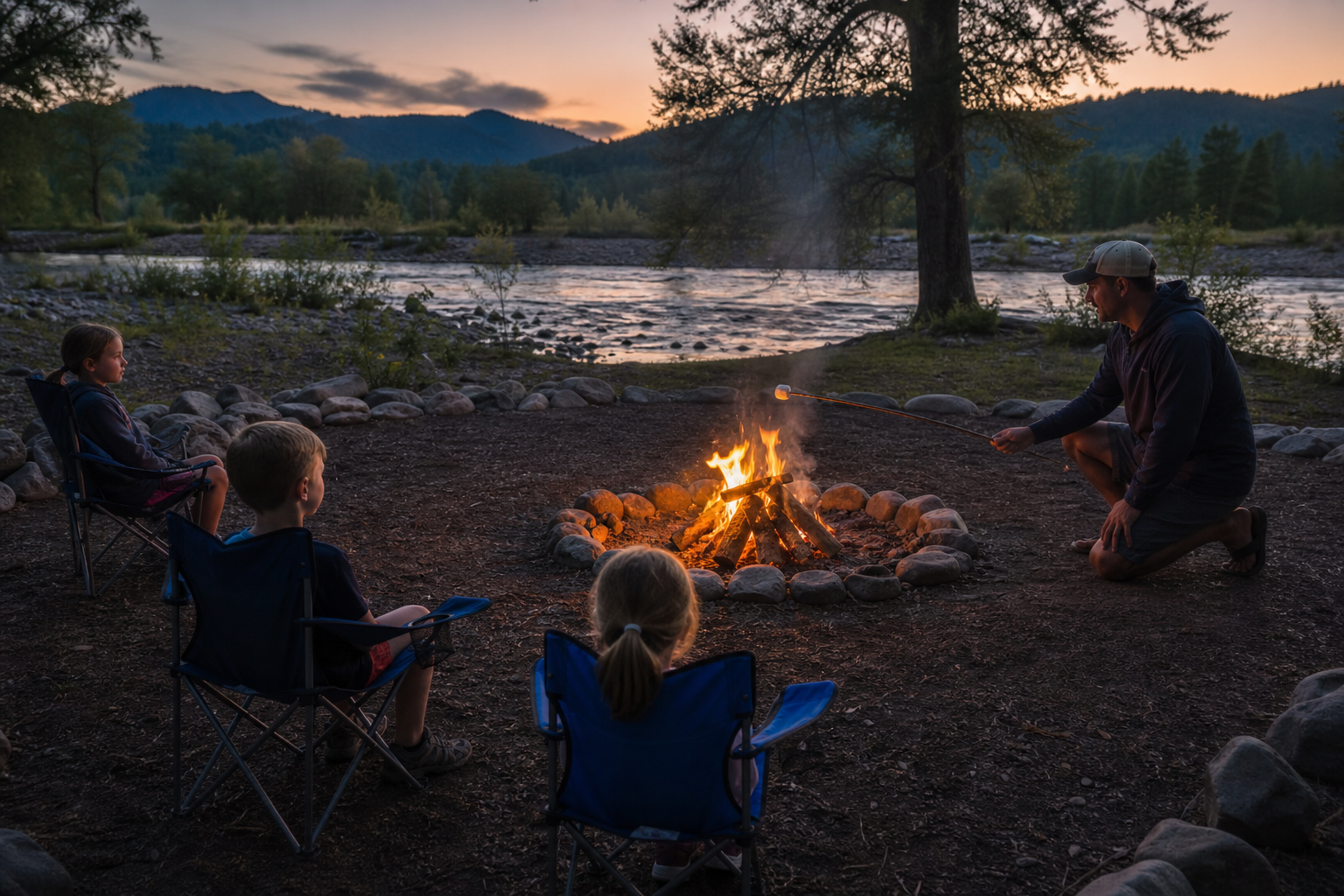 Children seated safely back from a riverside campfire at dusk while dad demonstrates roasting a marshmallow on a long stick.