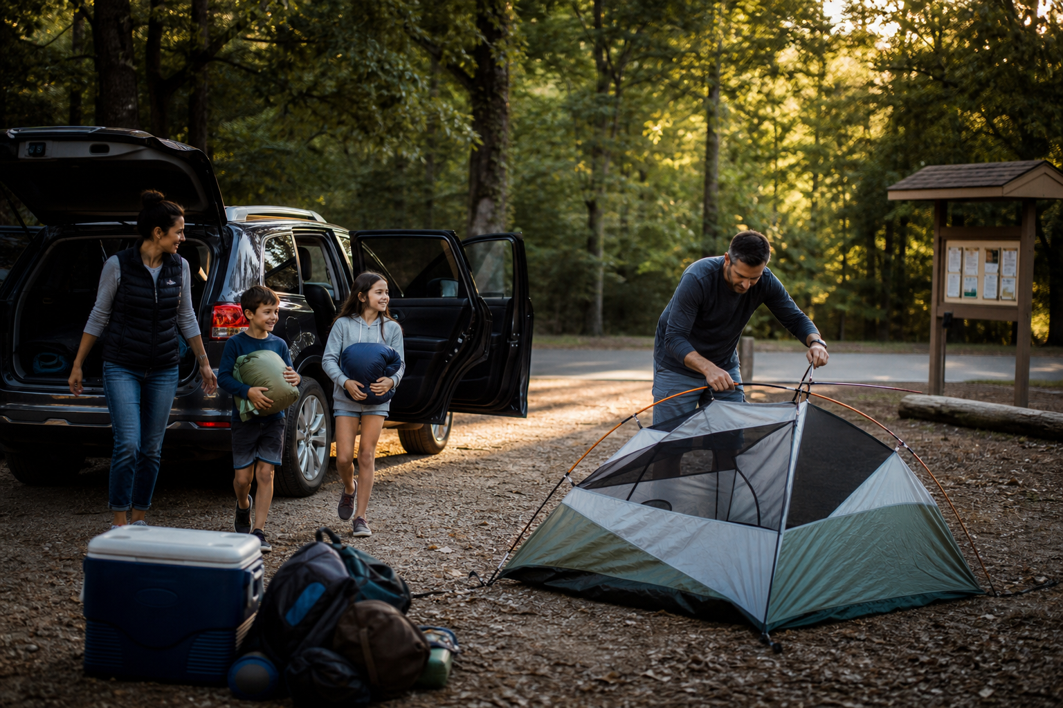 Family unloading their SUV at a wooded campsite, with dad pitching the tent while the kids carry sleeping bags from the car.