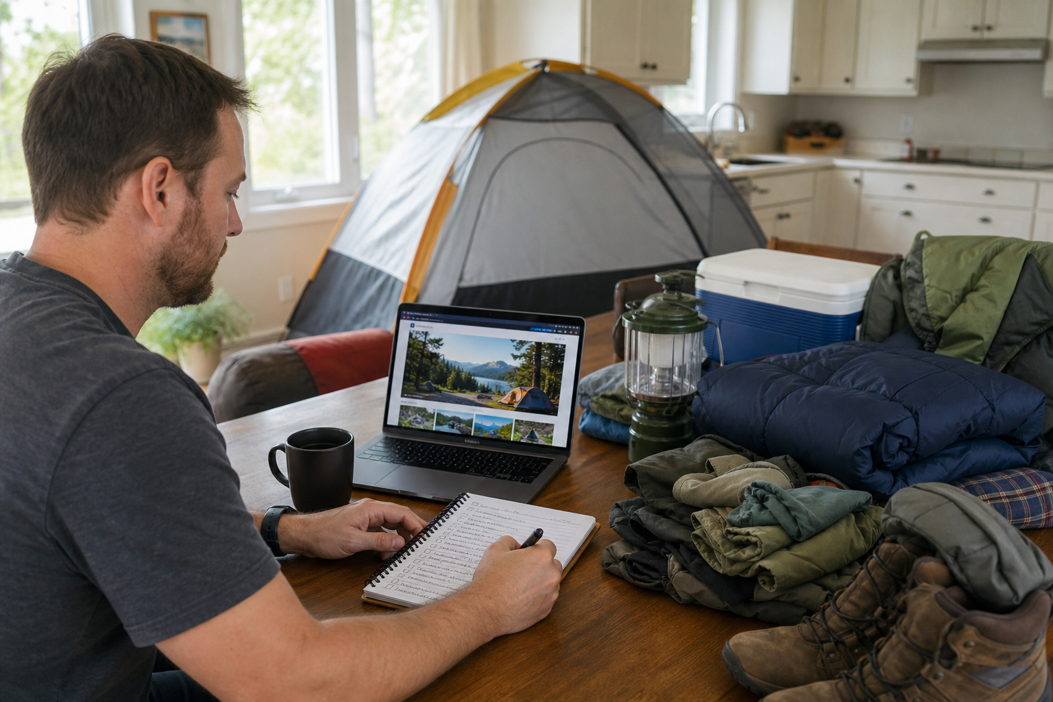 Man researching campgrounds on his laptop and writing a packing checklist at home, surrounded by camping gear and a practice-pitched tent.