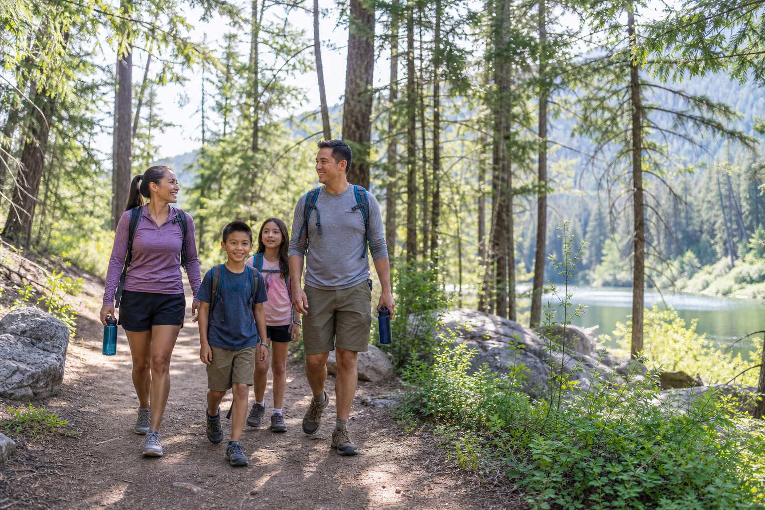 Family of four hiking together on a sunny forest trail beside a lake, carrying backpacks and water bottles.