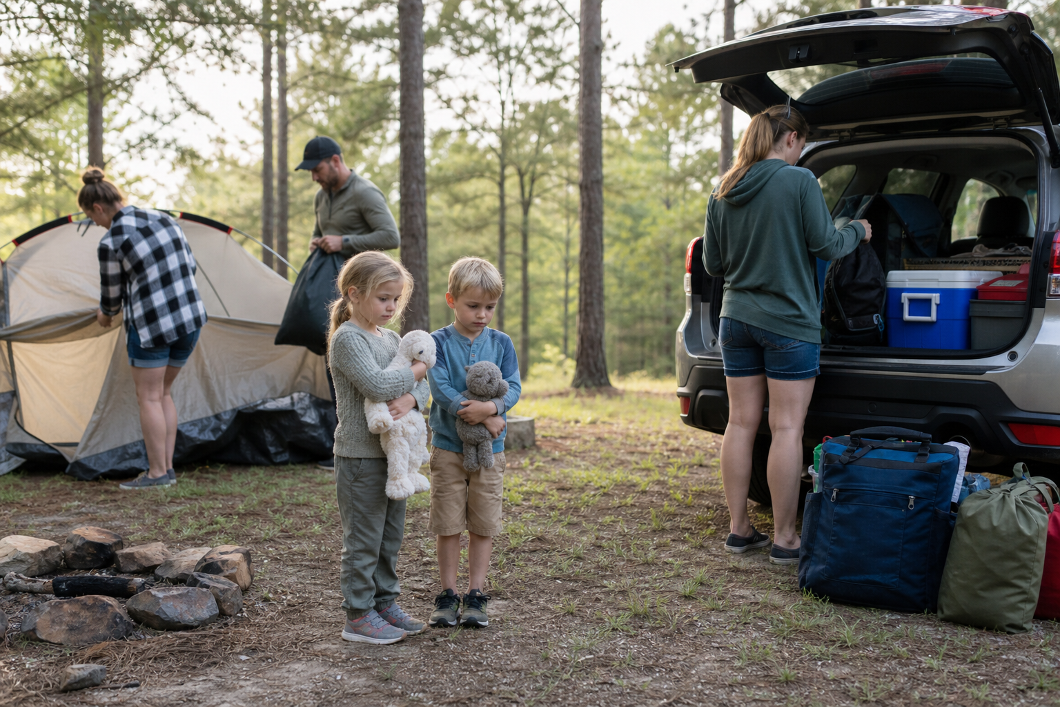 Family packing up camp on departure day, with parents taking down the tent and loading the SUV while two kids hold their stuffed animals.