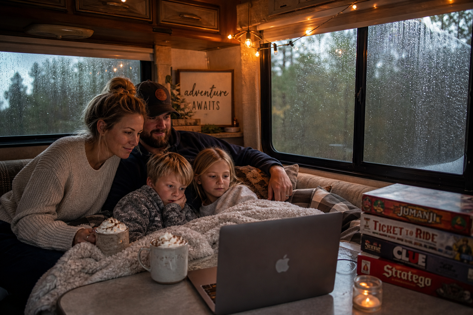 Family cuddled under a blanket watching a movie on a laptop inside their cozy RV, with hot cocoa and board games nearby as rain streaks the windows.