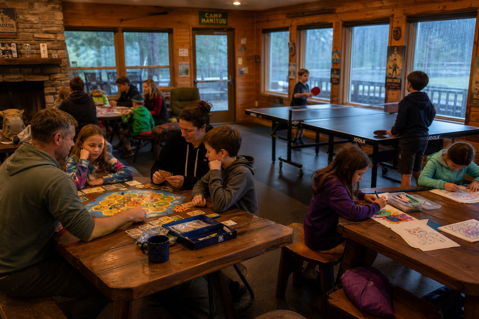 Families enjoying a rainy day inside a campground rec hall, with kids playing ping pong, coloring, and playing board games with their parents.