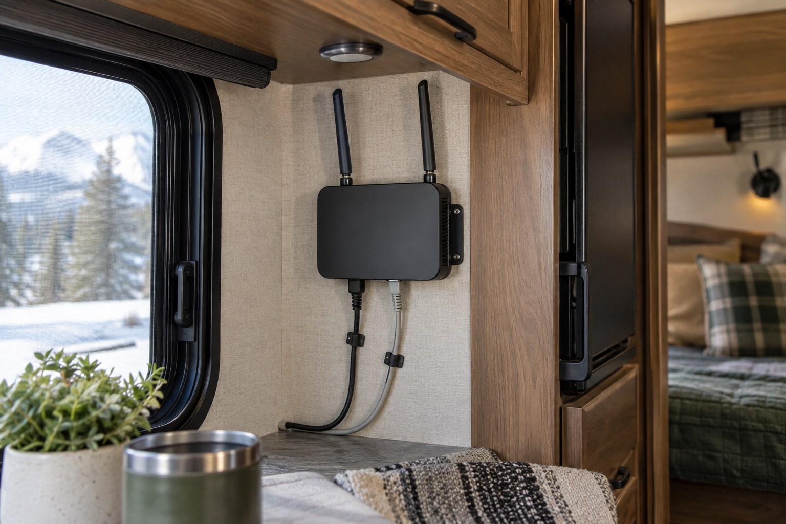 Compact RV Router in Winter Light