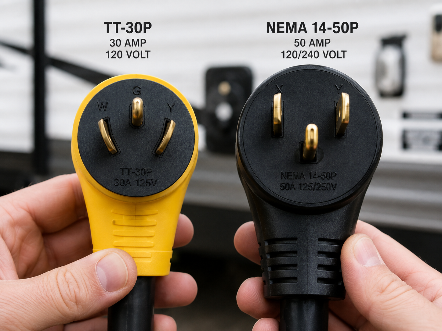 close-up comparison of a TT-30 plug and a NEMA 14-50 plug side by side.
