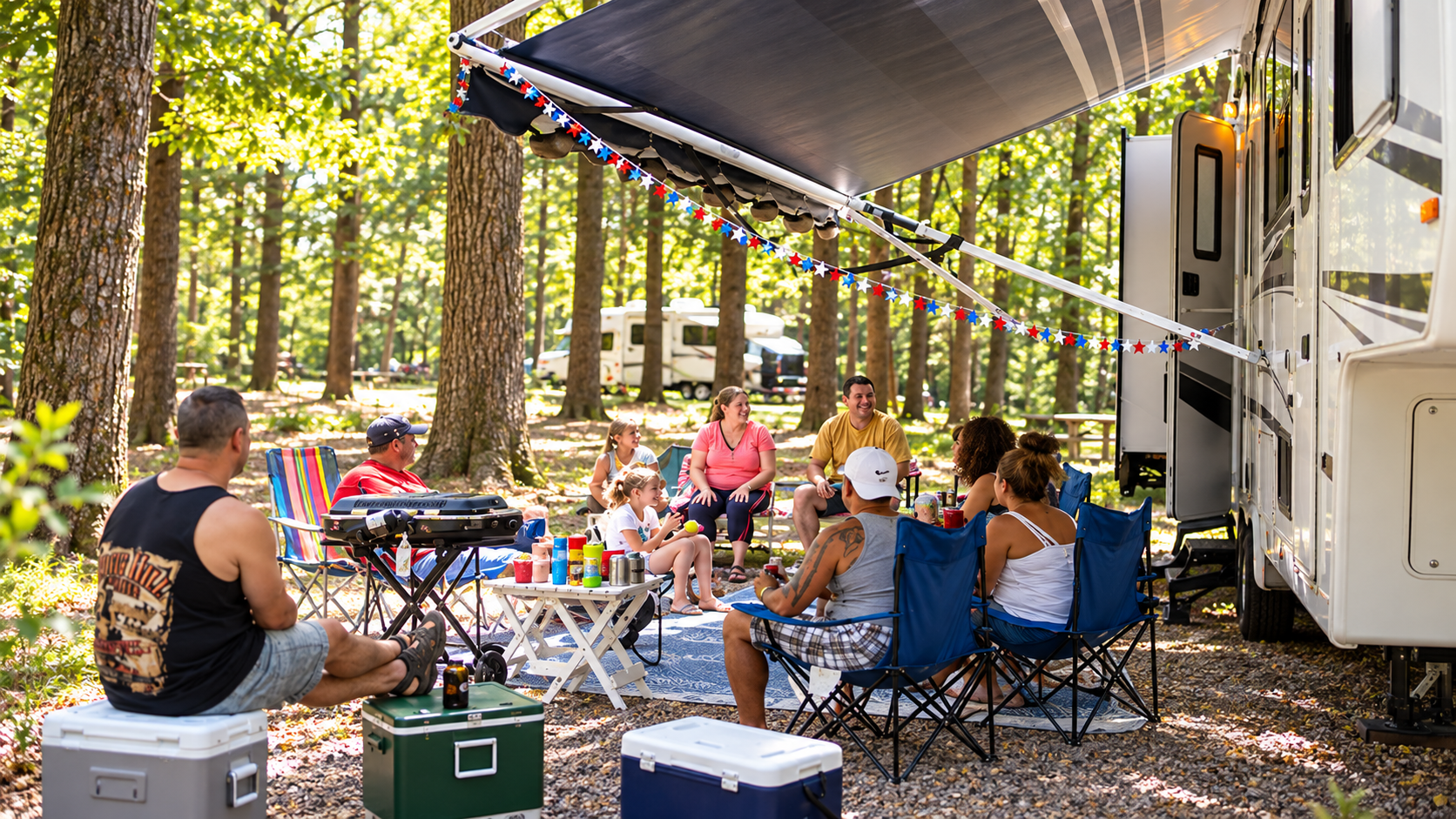 Family and friends gathered outside an RV beneath an awning at a wooded campground near Boston.